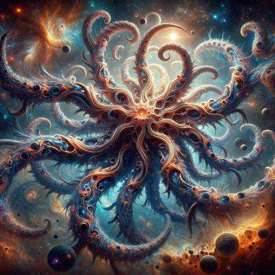 The primary subject of the image is a large, intricate, and colorful flower-like creature with multiple tentacles. The setting is a space environment, with the creature surrounded by various celestial objects such as planets, stars, and a moon. The visual style is a digital art or illustration, showcasing the artist's creativity and attention to detail. The colors and mood of the image are vibrant and lively, with a sense of wonder and exploration.